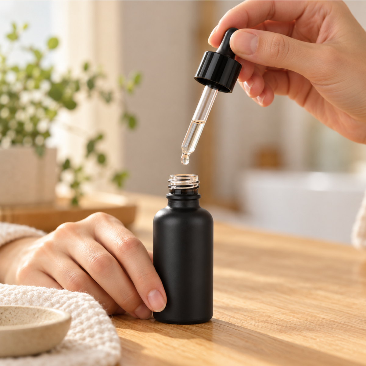 Hand lifting a glass pipette from a black bottle, one drop forming