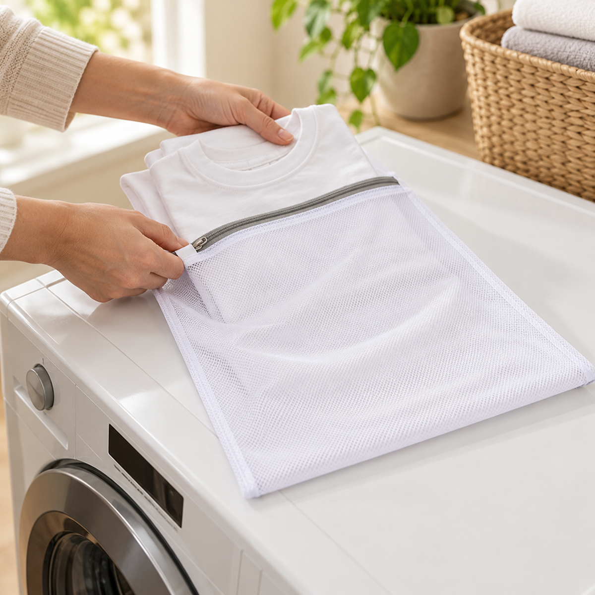 Hands sliding a white T-shirt into a mesh bag on top of a washing machine