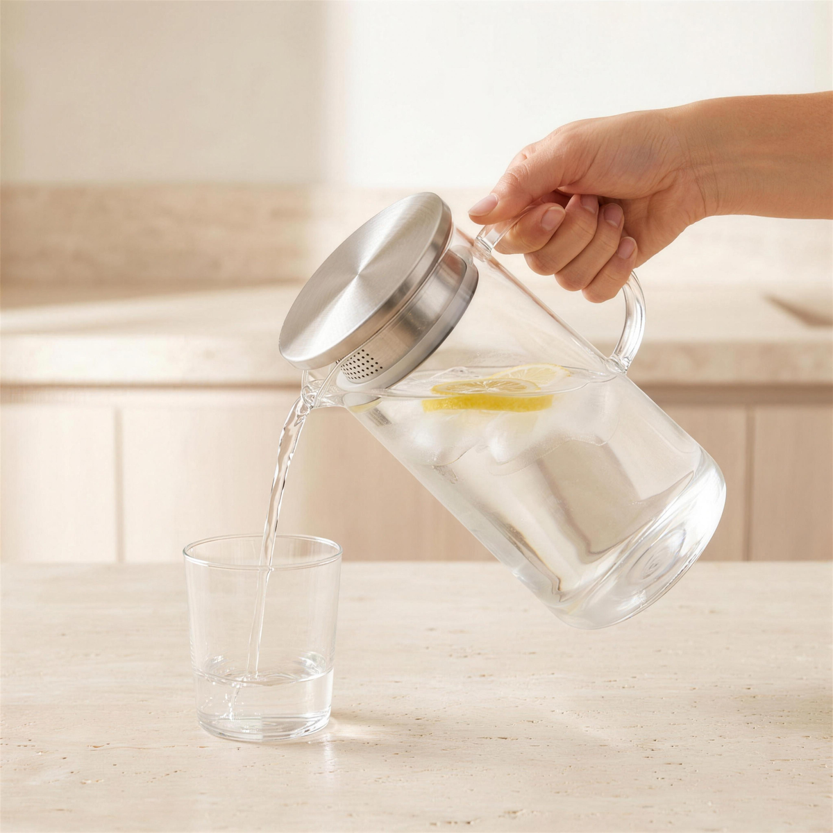 Pouring water with lemon and ice from the pitcher into a glass through the lid