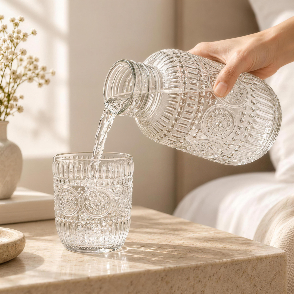 A hand pouring water from the embossed carafe into its matching glass by the bed