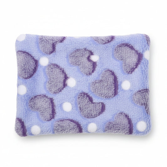 Grey guinea pig fleece bed mat with white heart pattern and orange dots, product-only on a white background (alternate view).
