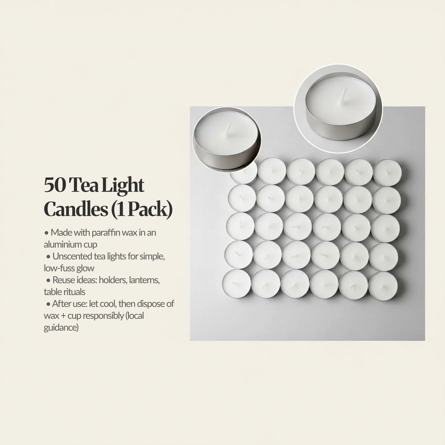 50-pack unscented tea lights arranged in a grid, with two close-up candle cups; text highlights paraffin wax in aluminium cups and reuse ideas.