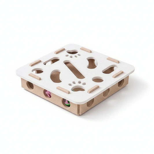 Product on white background (Camel White Square): Camel wood base with white square puzzle top and paw-print cut-outs; coloured balls inside.