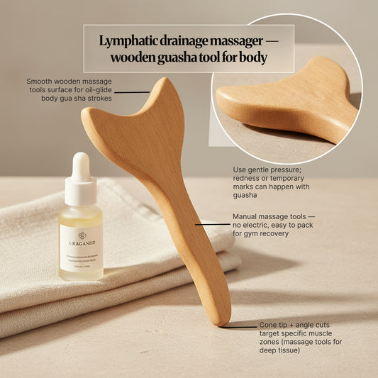 Wooden lymphatic drainage massager showing cone tip and angled edges for body massage strokes.