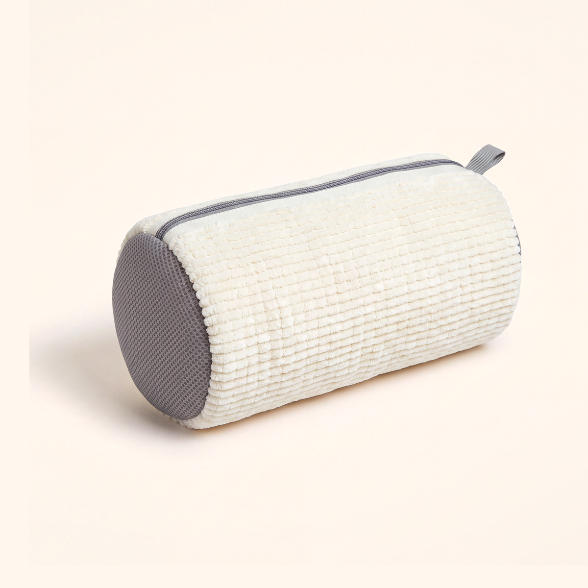 Cream chenille sneaker washing bag with grey mesh ends and a grey zip, on cream