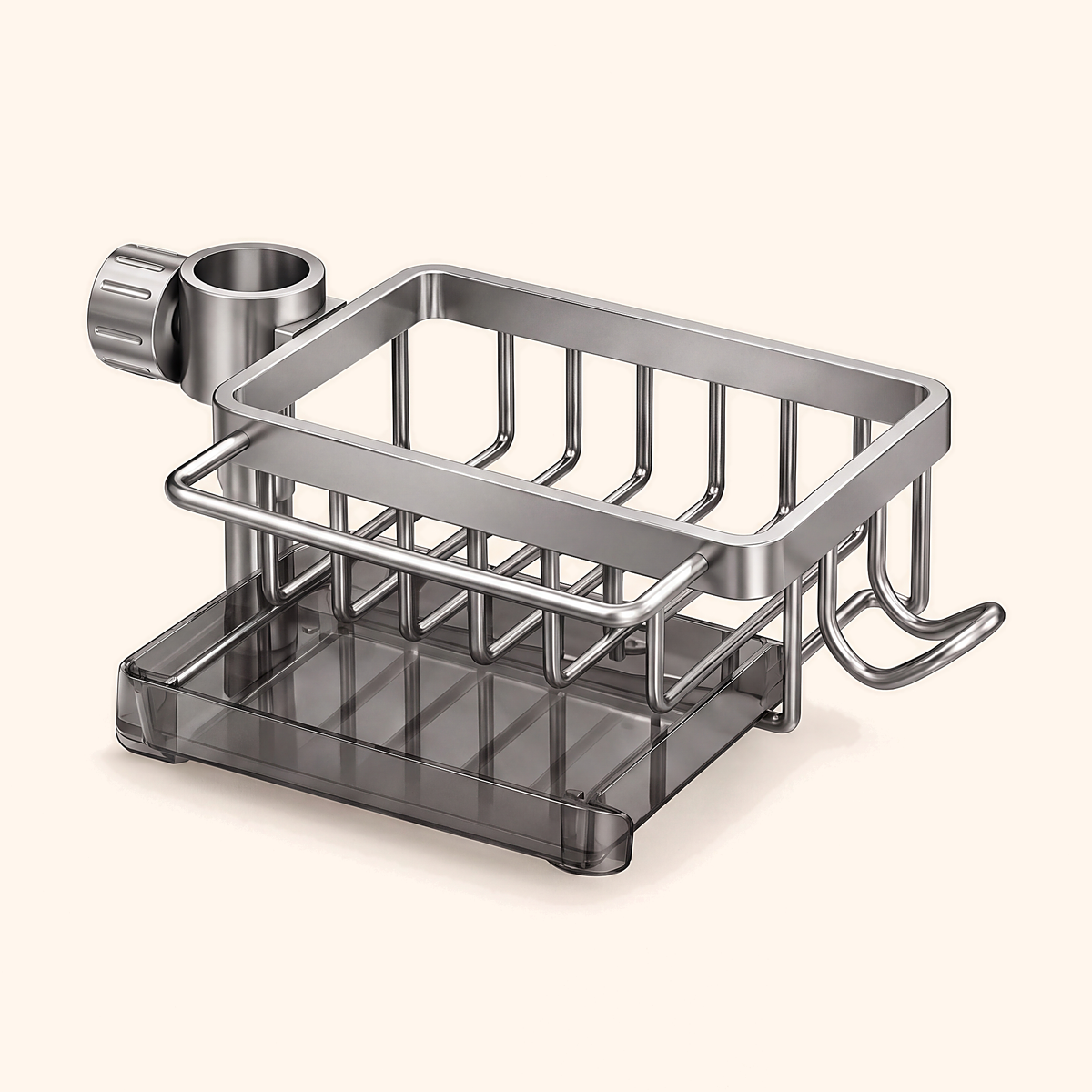 Silver single basket right of the tap collar, with towel rail