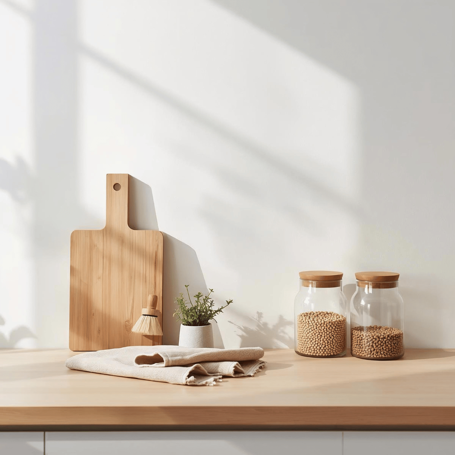 Low-waste eco kitchen scene with bamboo chopping board, glass jars of dry goods, potted herbs and reusable linen cloths on a wooden countertop.