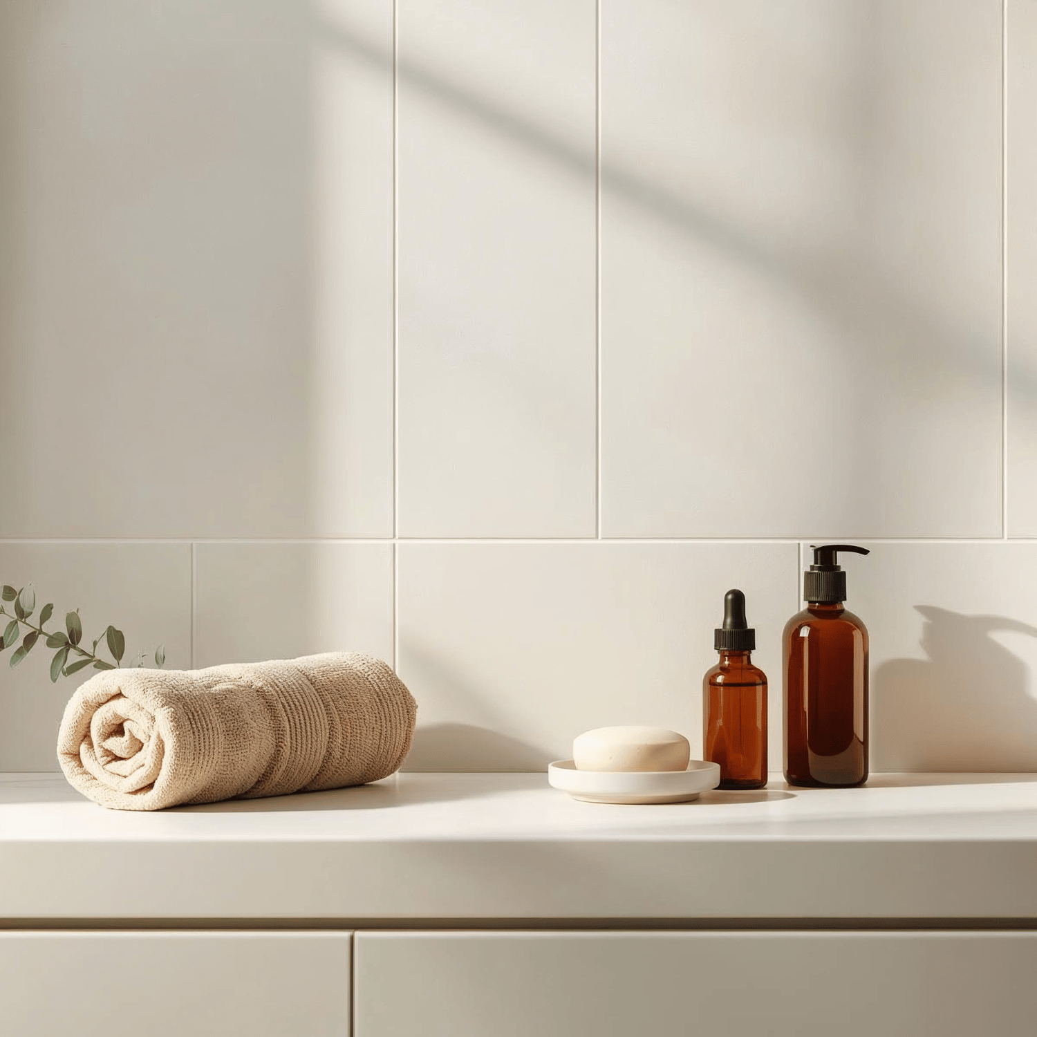 Minimalist natural bathroom shelf with rolled beige towel, amber glass skincare bottles and bar soap, showing eco-friendly self-care essentials in warm sunlight.