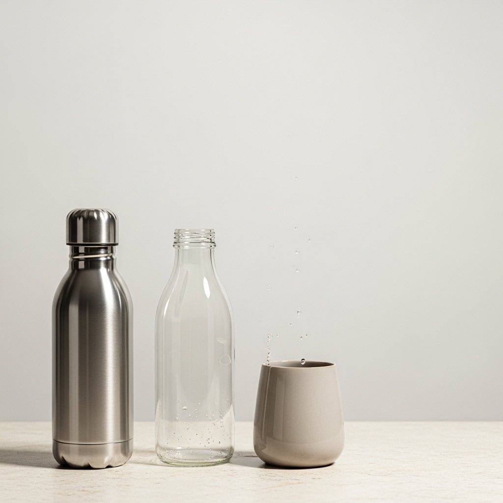 Hydration Lab — Simple lineup of drinkware: a stainless steel reusable bottle, a clear glass bottle, and a small grey cup on a light surface with water droplets.
