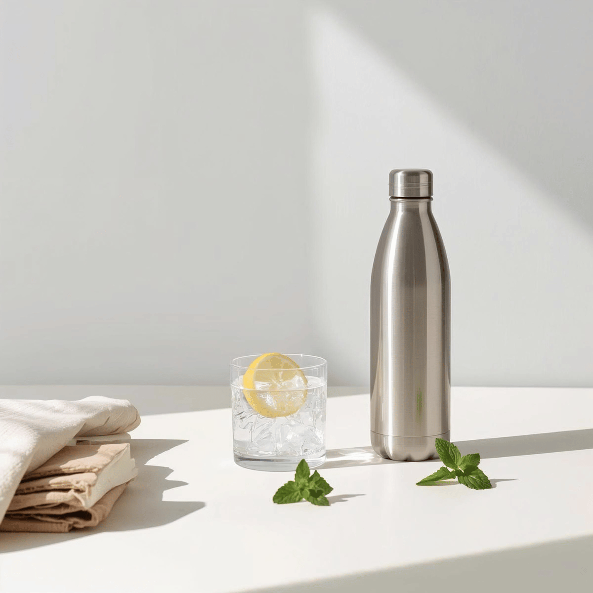 Stainless steel reusable water bottle beside a glass of lemon water, mint leaves and folded cloths on a clean white surface, promoting sustainable hydration.