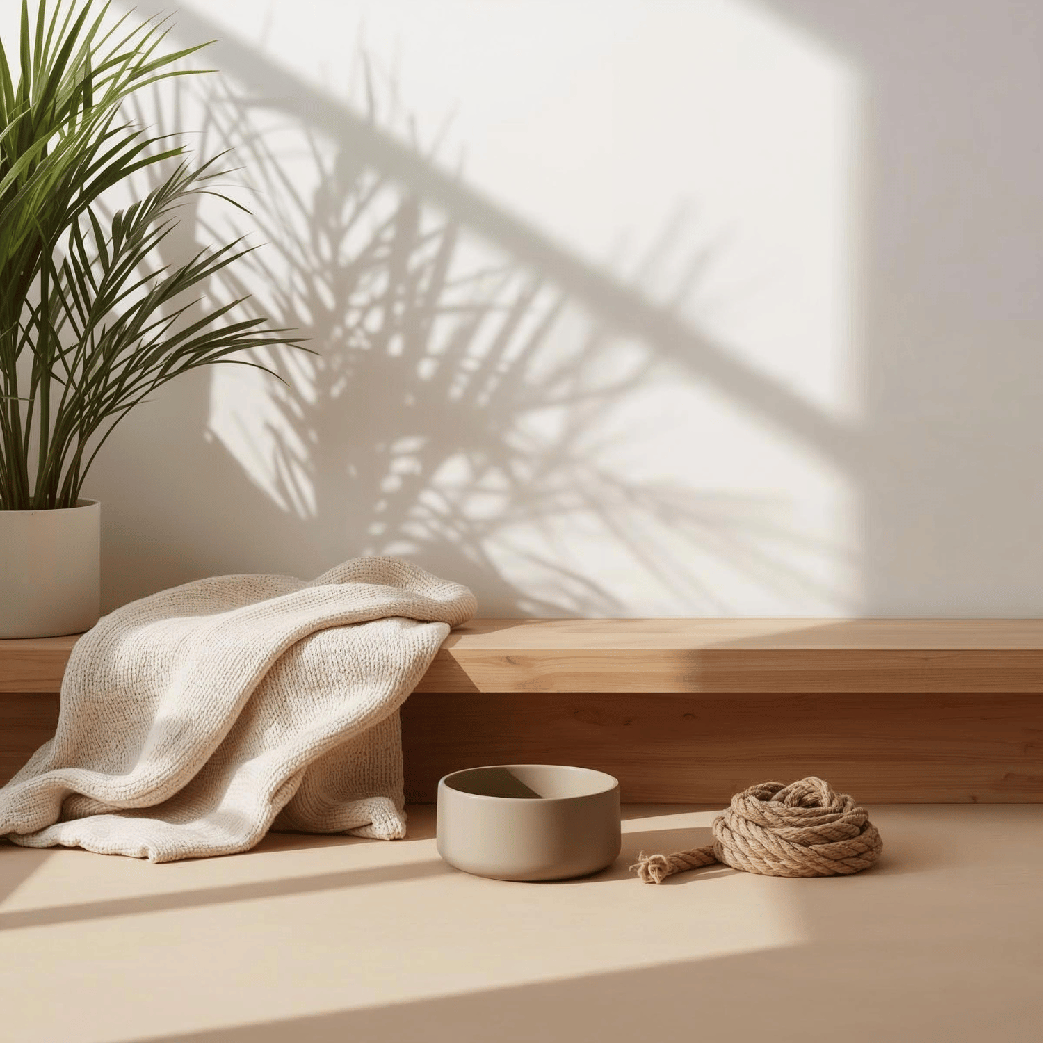 Calm pet corner with woven plant pot, neutral ceramic dog bowl, rope toy and soft blanket, styled as sustainable pet essentials in a sunlit living space.