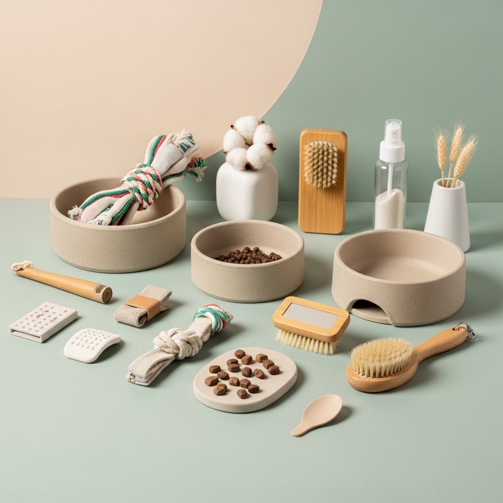 Pet Sustainability — Flat-lay of eco pet care items on a pastel green background, including ceramic pet bowls, rope toys, wooden brushes, a spray bottle, cotton stems, and scattered pet treats.