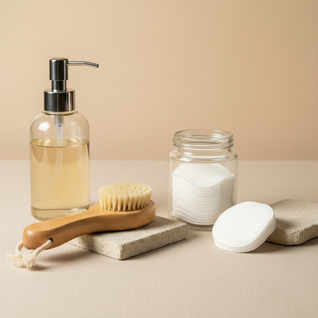 Wellness & Care — Neutral bathroom-style setup with a pump soap dispenser, wooden-handled body brush, glass jar of cotton pads, and stacked cotton rounds on stone blocks.