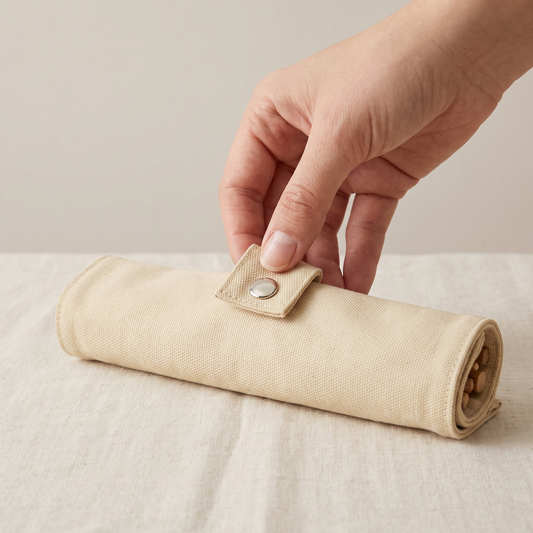 A hand fastening the press-stud tab on the rolled cream cloth pouch
