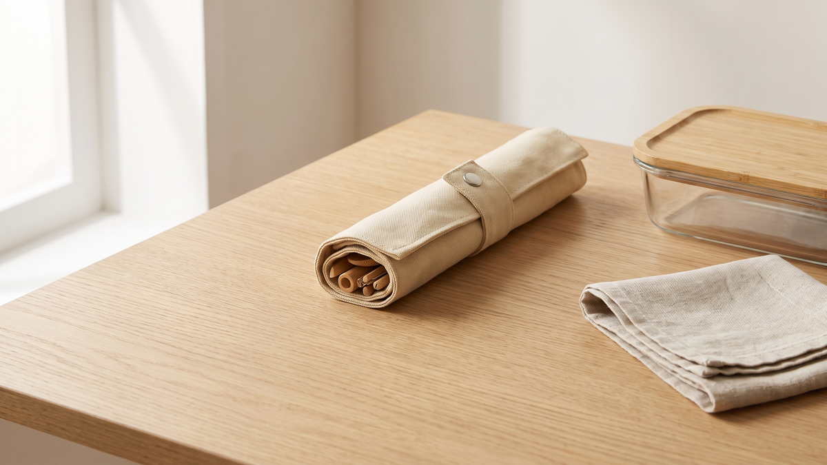 Rolled cutlery pouch on an oak desk beside a glass lunch box and a folded napkin
