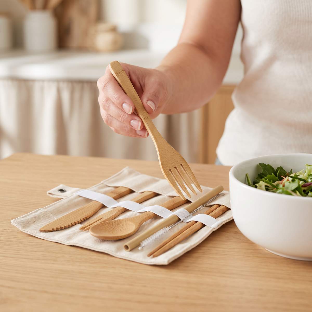 A hand lifting the bamboo fork from the open pouch beside a bowl of salad