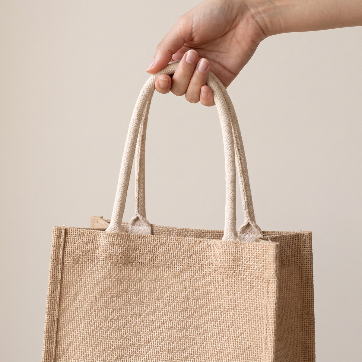 A hand holding the woven tote by its two cream rope handles