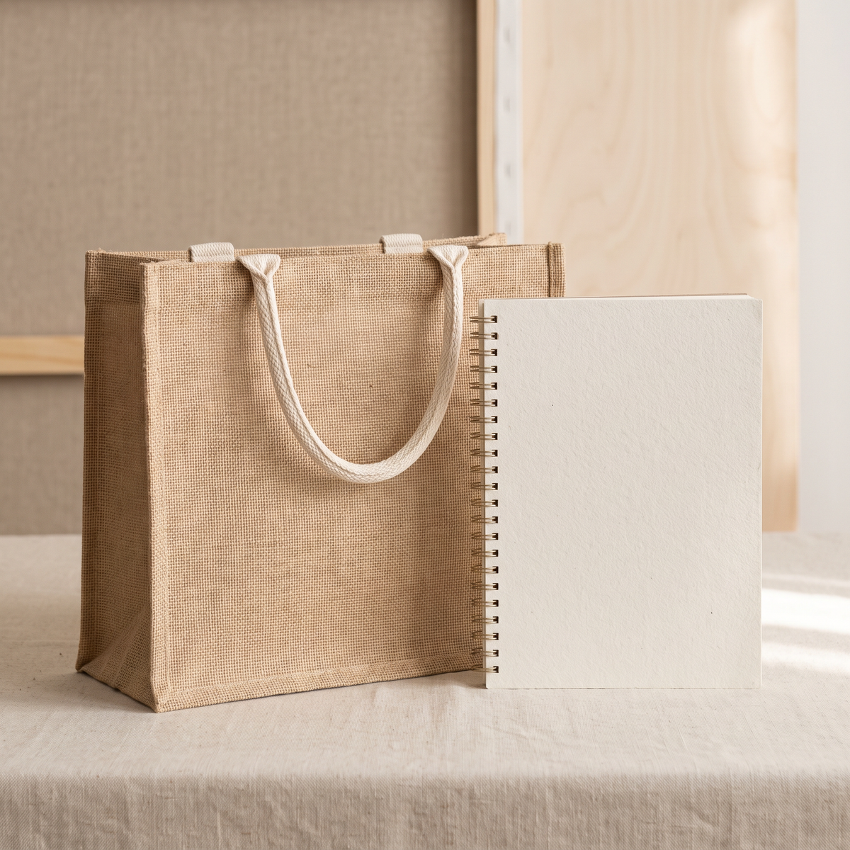 Woven tote bag on a linen-covered table beside a notebook for size