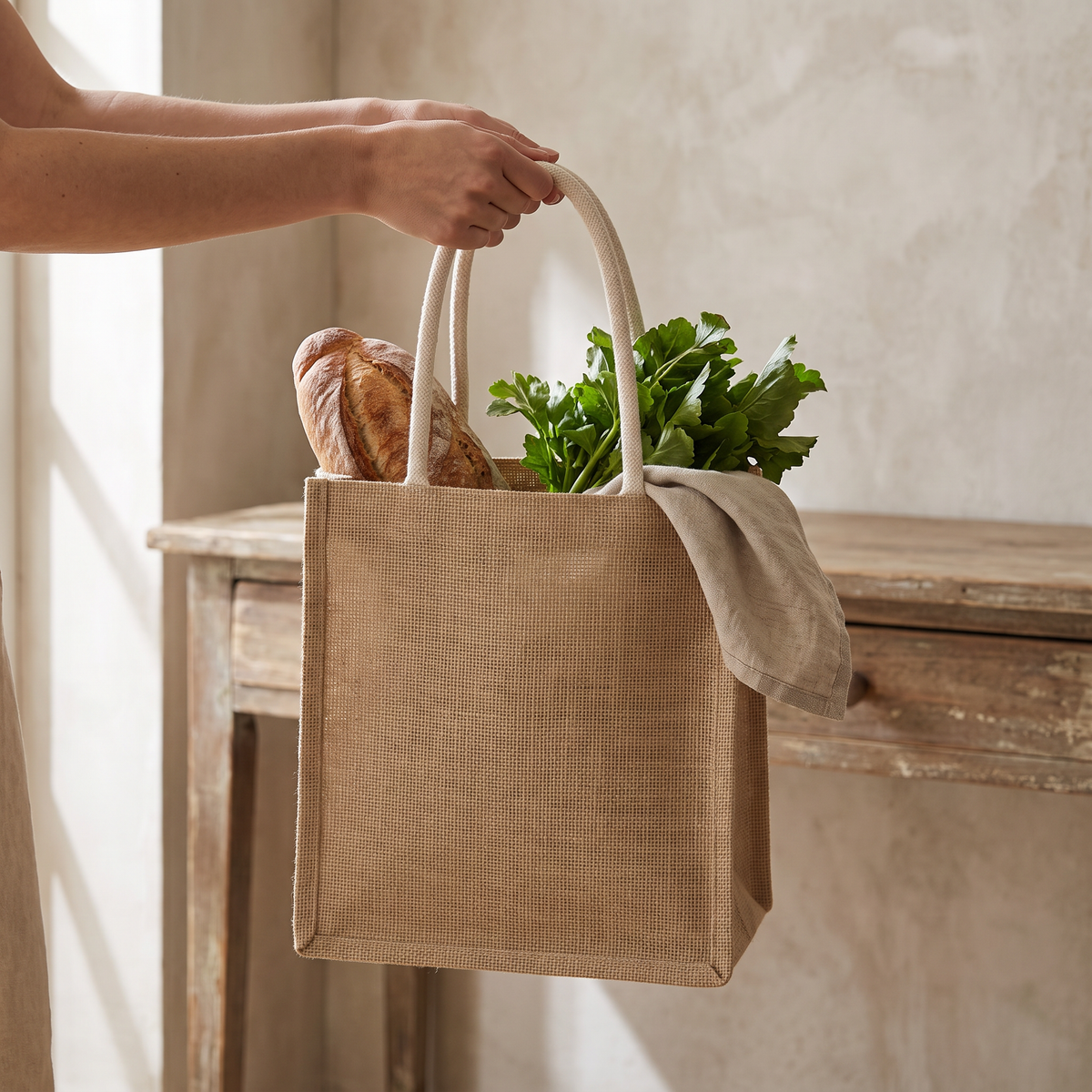 A hand carrying the tote with a loaf of bread, greens and a folded cloth inside