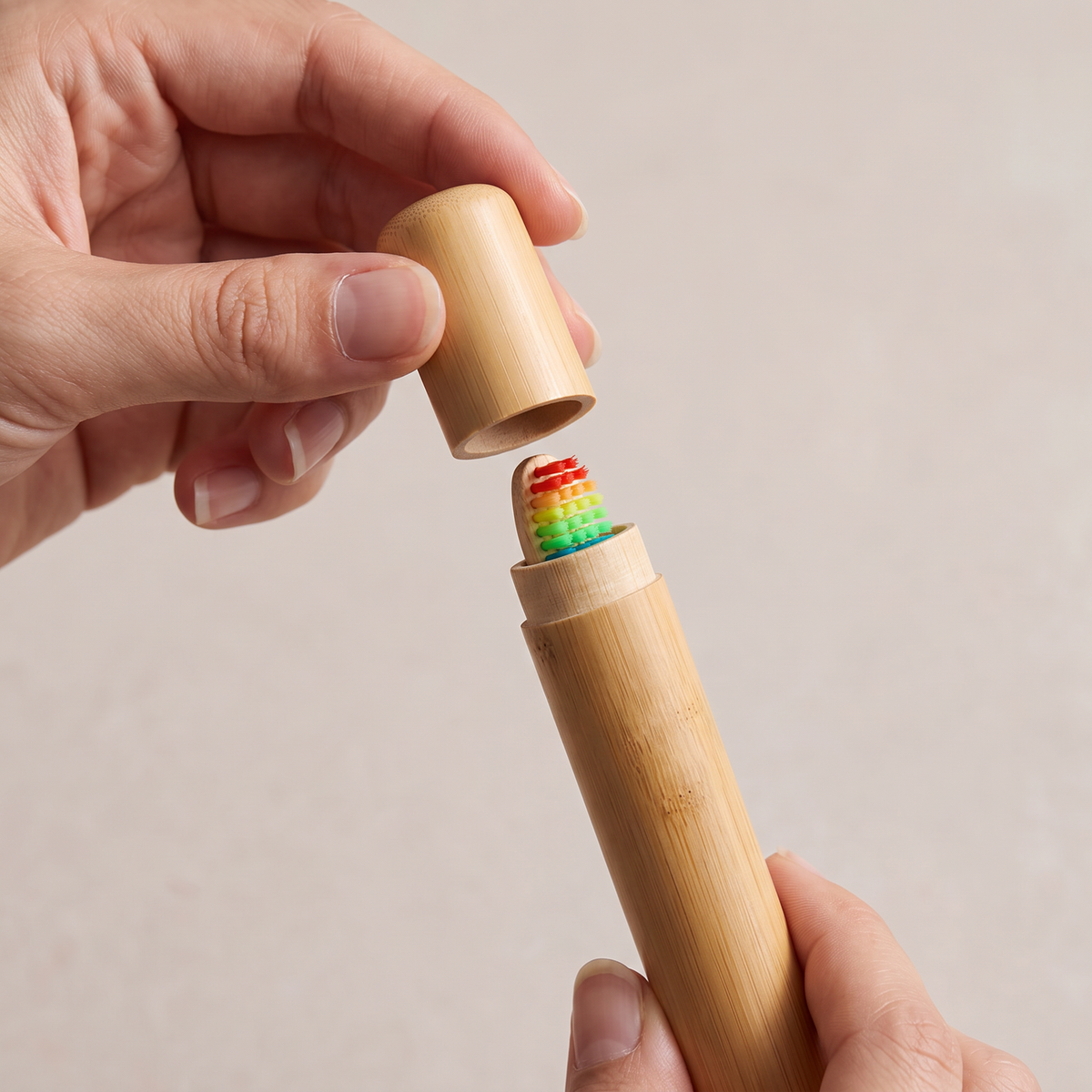 A hand lifting the bamboo cap off the tube to reveal the toothbrush head inside