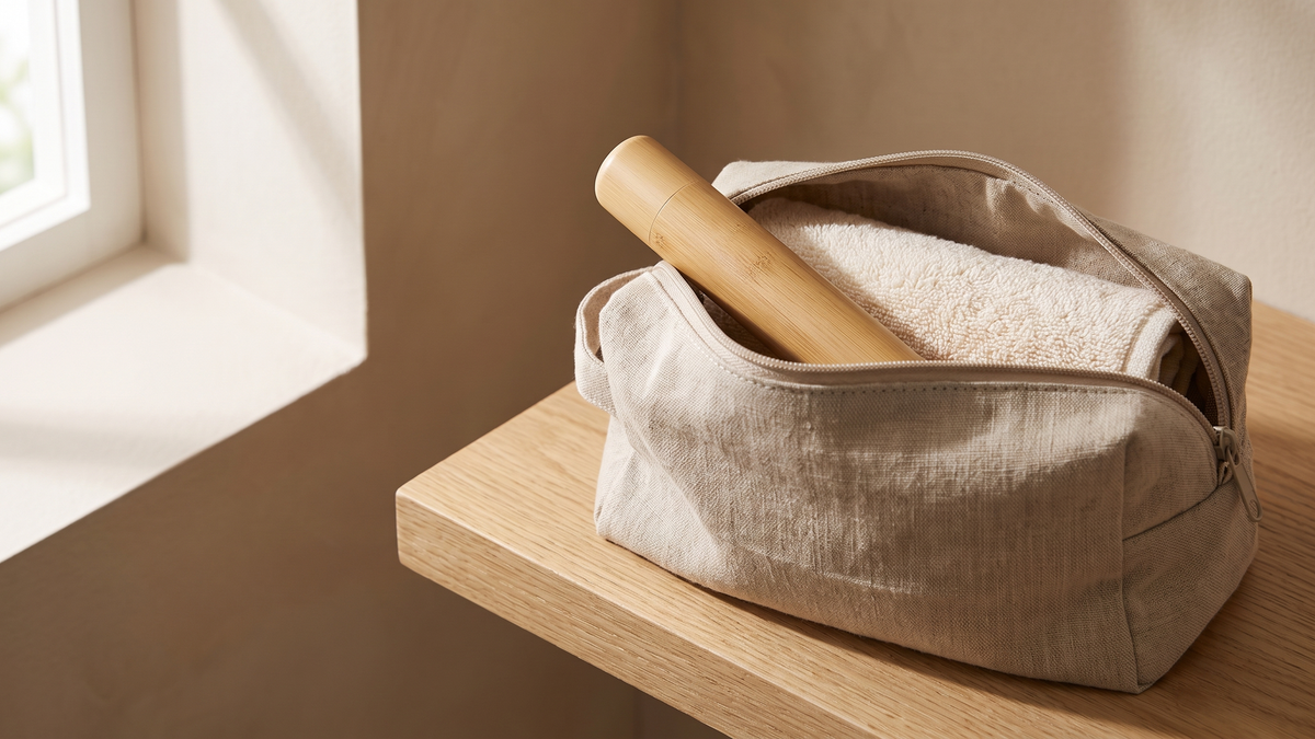 Bamboo case tucked into a linen wash bag on a wooden shelf by a window
