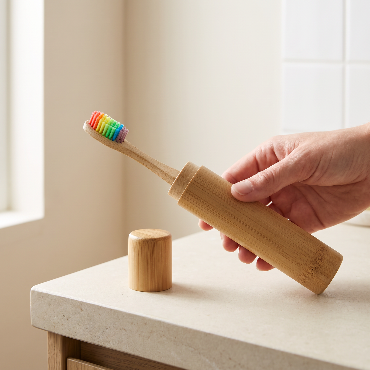 A hand sliding a toothbrush into the bamboo case, its cap resting on the counter