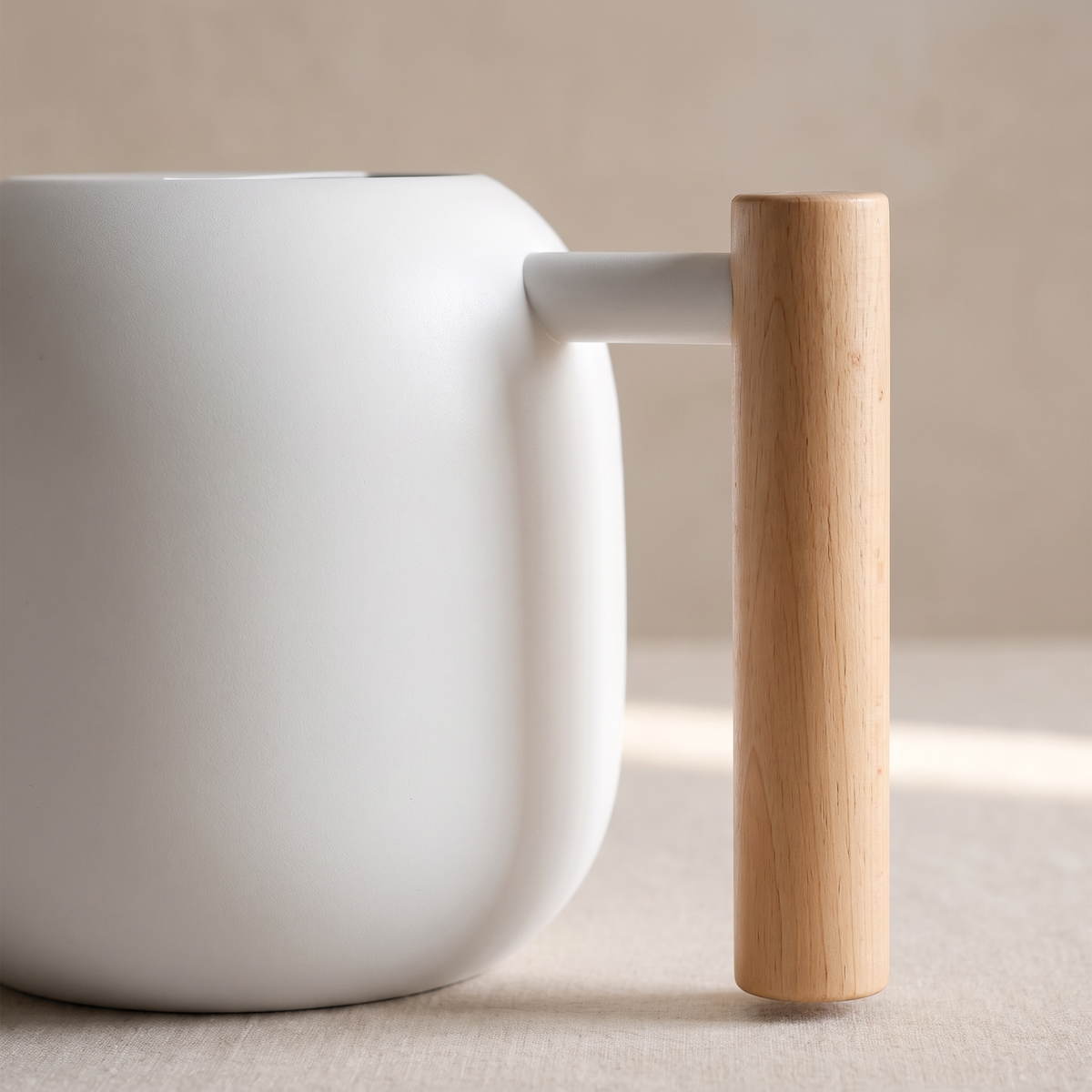 Close-up of the cylindrical wooden handle joined to the white body