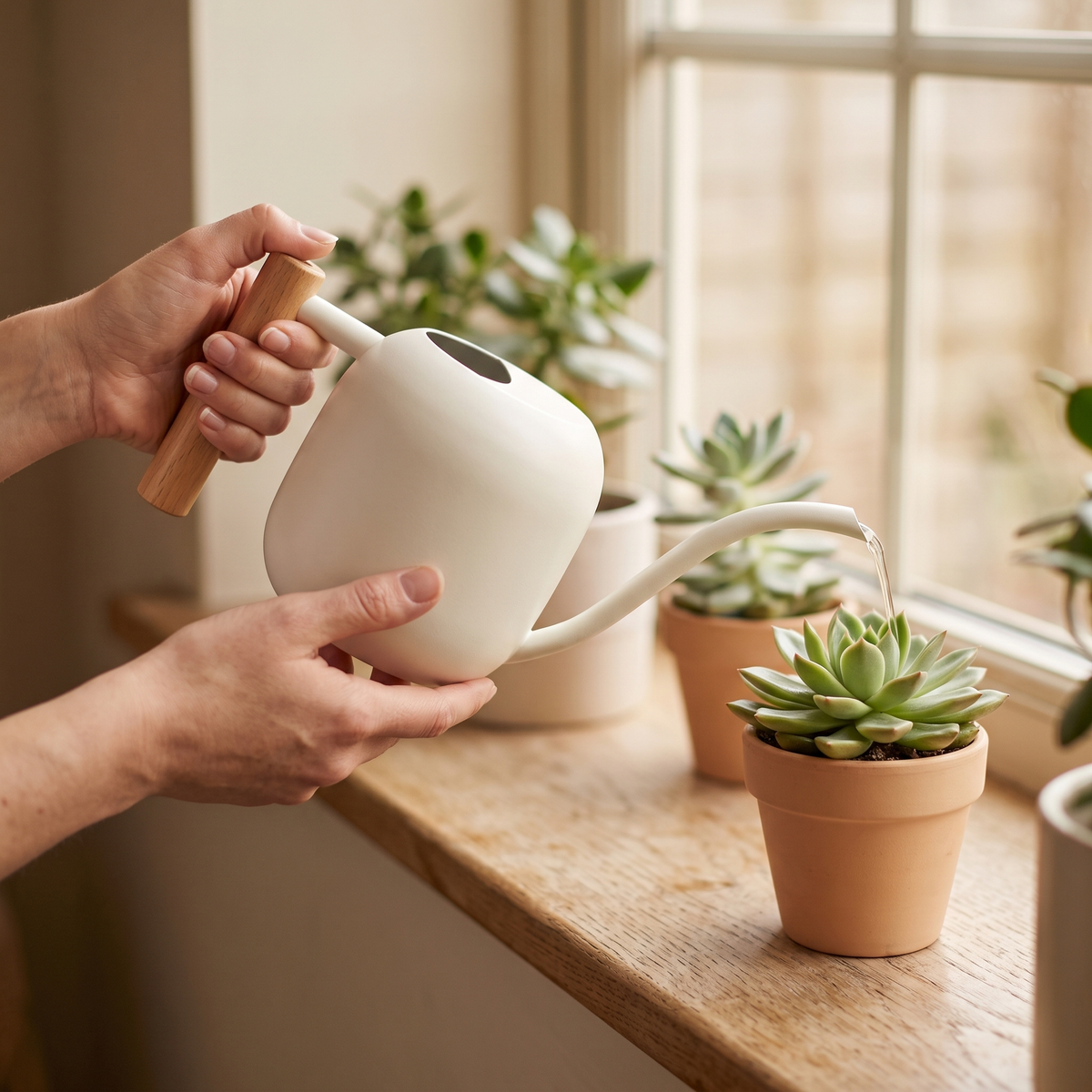 Hands pouring from the white can into a succulent on a sunny windowsill