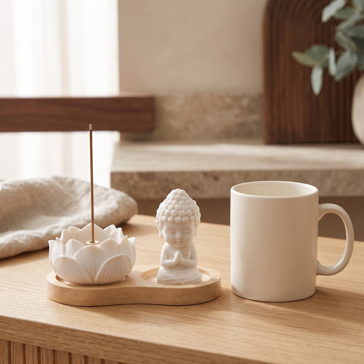 Lotus incense set on its tray next to a cream mug on a wooden shelf for size