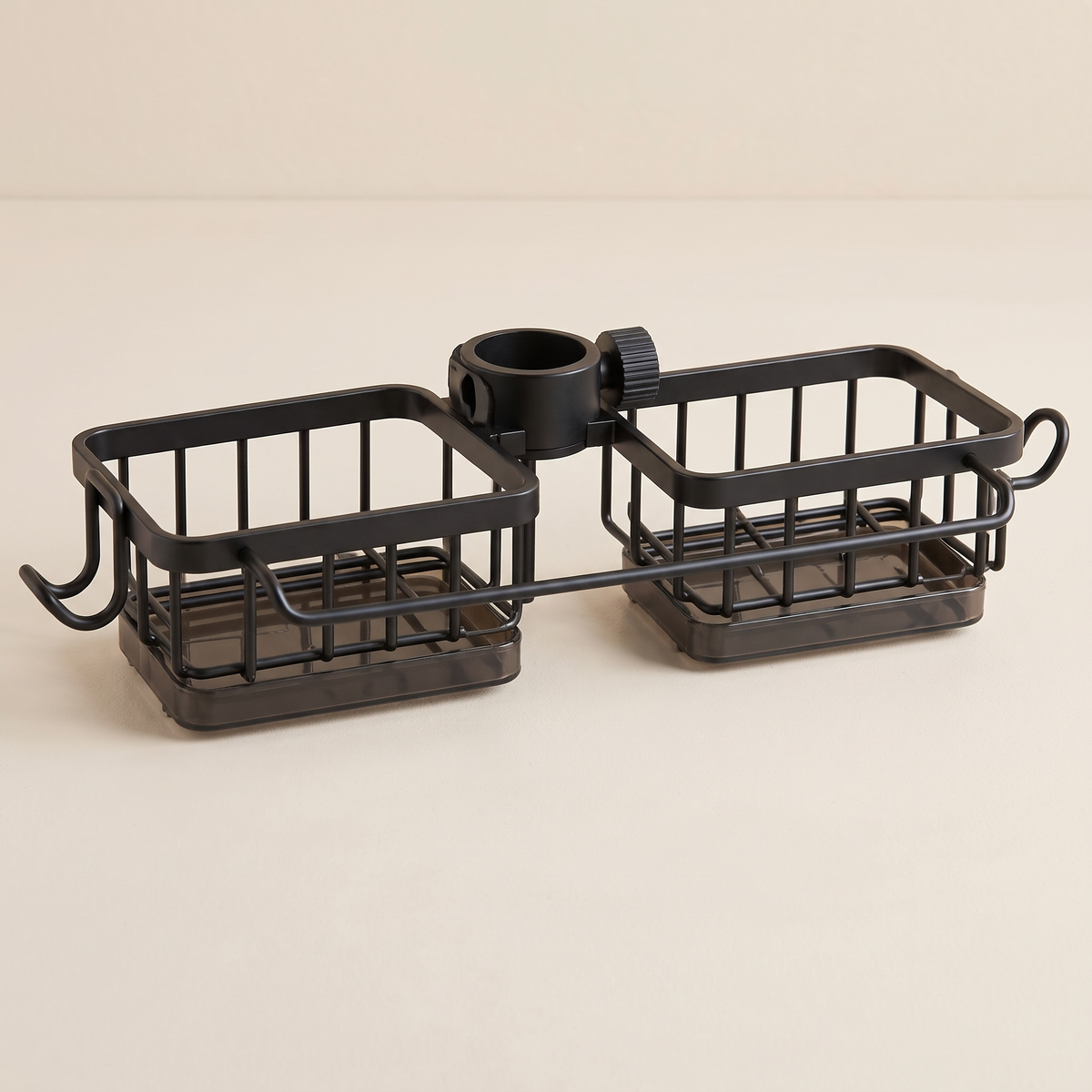 Black double-basket faucet sponge holder with towel rail and hooks