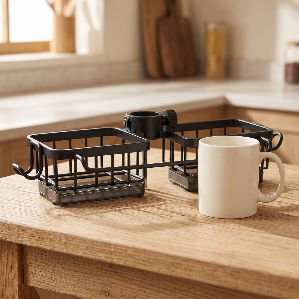 Double-basket tap caddy on a wooden worktop beside a mug