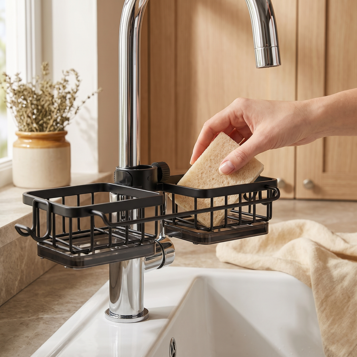 Hand placing a sponge in the basket clamped round a kitchen tap