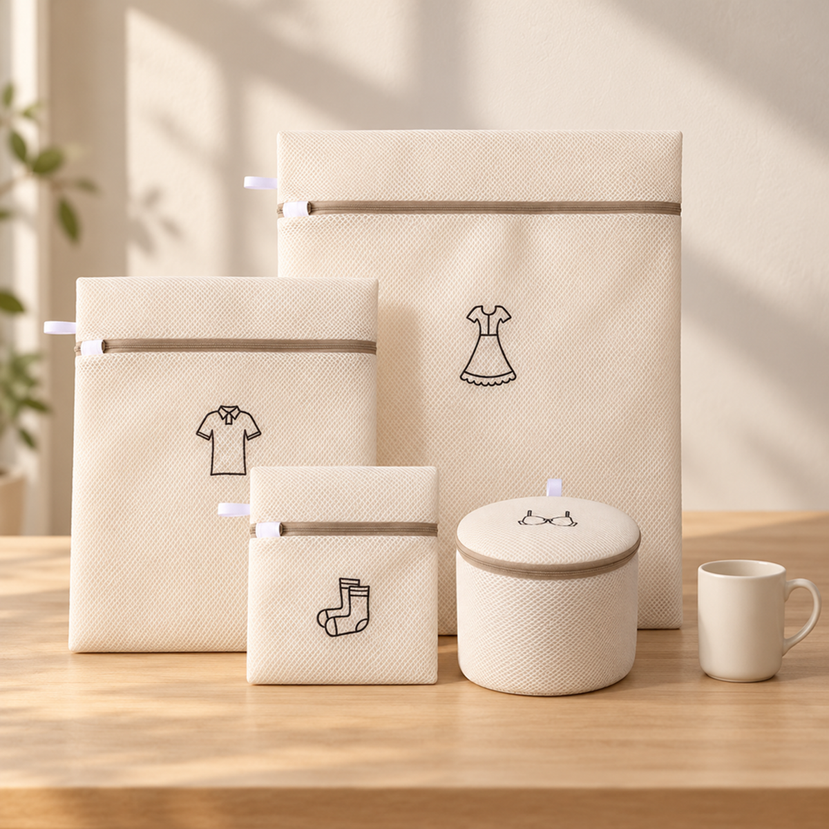 Four laundry bags on a wooden table beside a cream mug for size