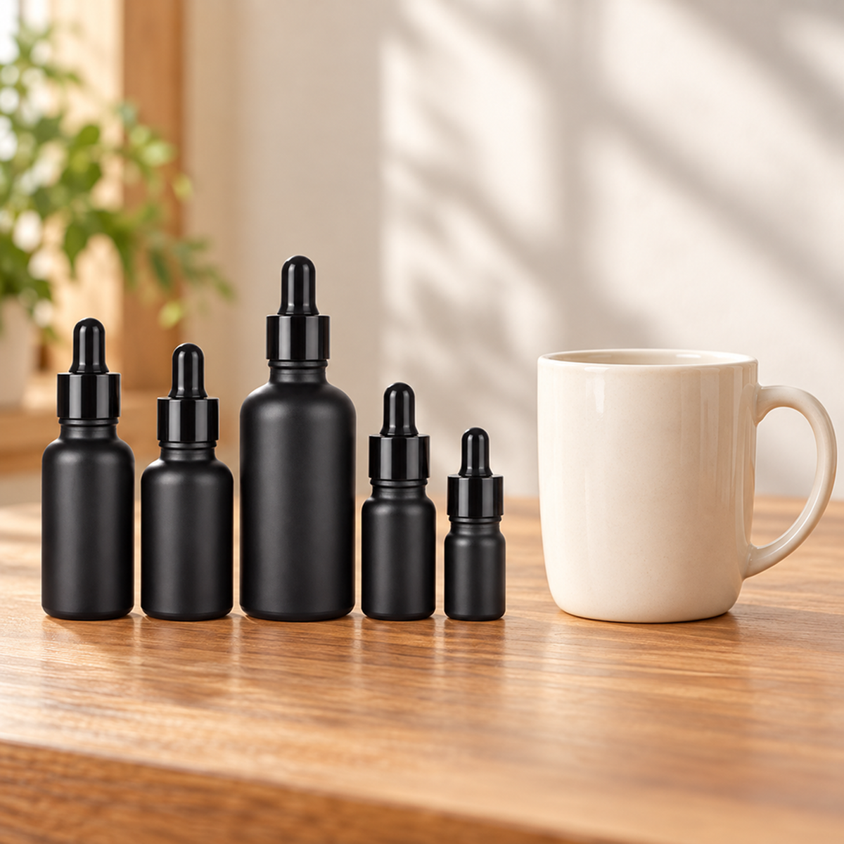 Row of black dropper bottles next to a cream mug on a wooden table