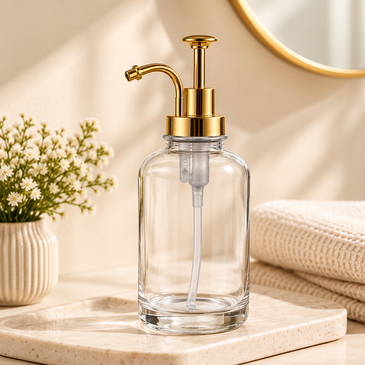 Glass pump dispenser on a stone tray beside flowers and folded towels
