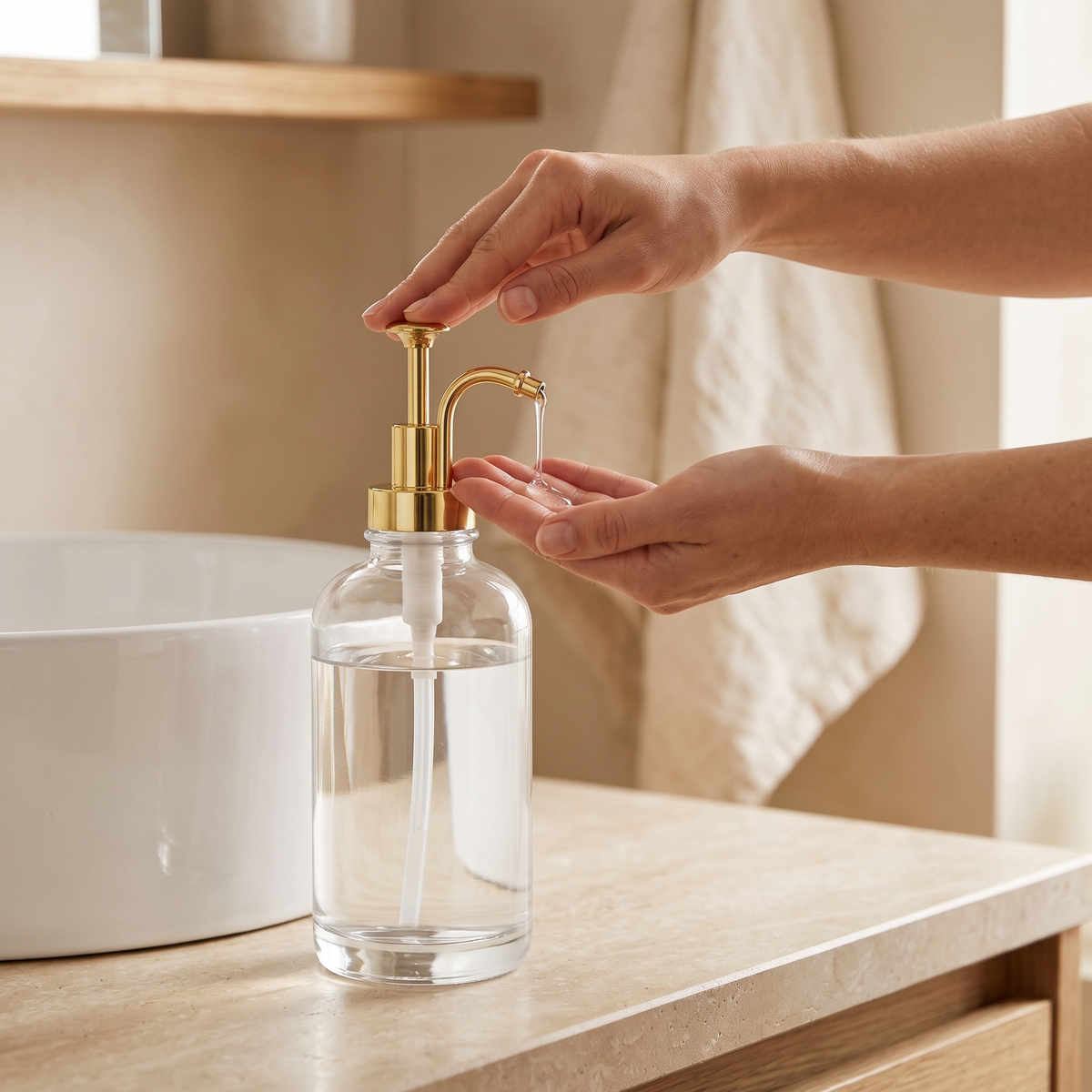 Hand pressing the gold-tone pump to dispense into a palm over a basin