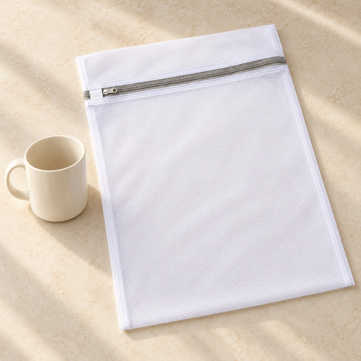 White mesh laundry bag next to a cream mug on a stone surface for size