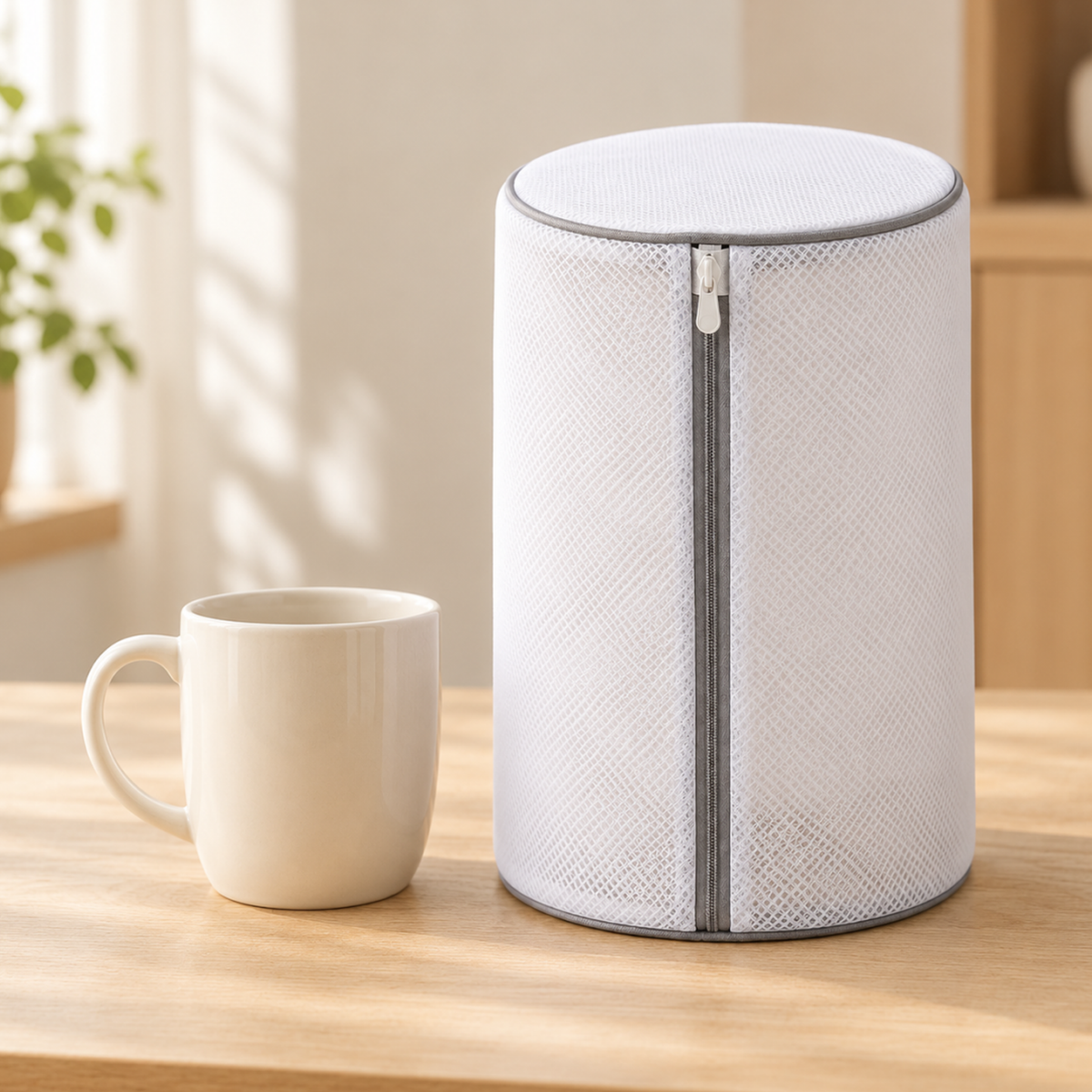Mesh shoe bag standing next to a white mug on a wooden table for size