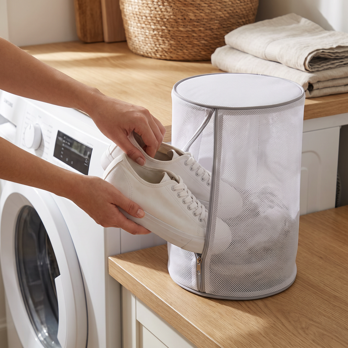 Hands placing a white trainer into the open mesh bag beside a washing machine