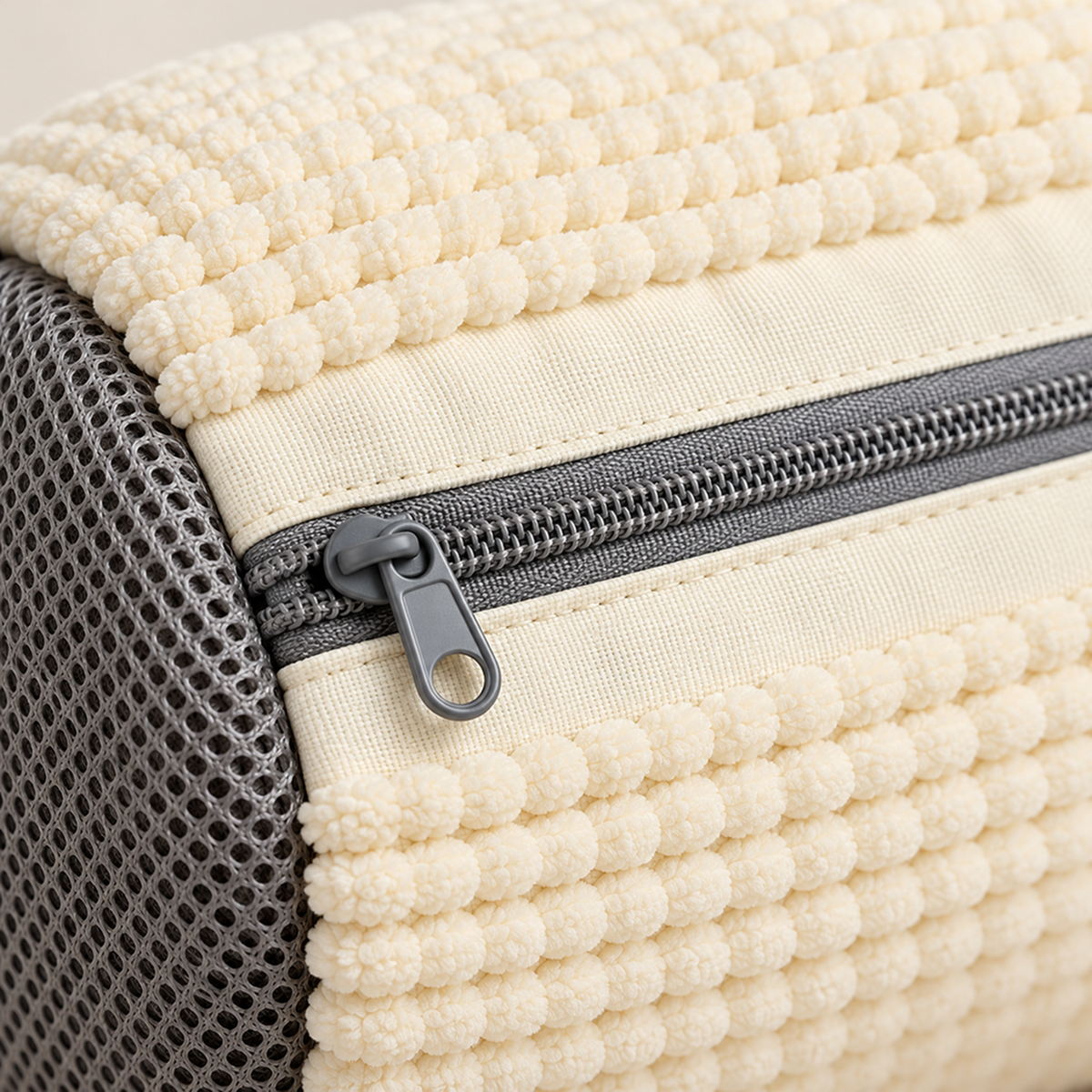 Close-up of chenille loops, grey mesh end and zip pull