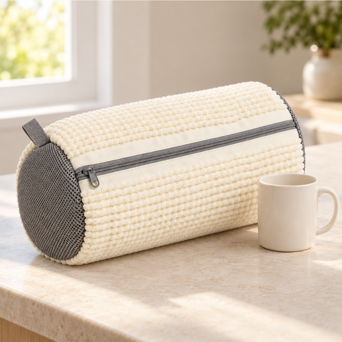 Cream chenille bag next to a white mug on a stone worktop for size
