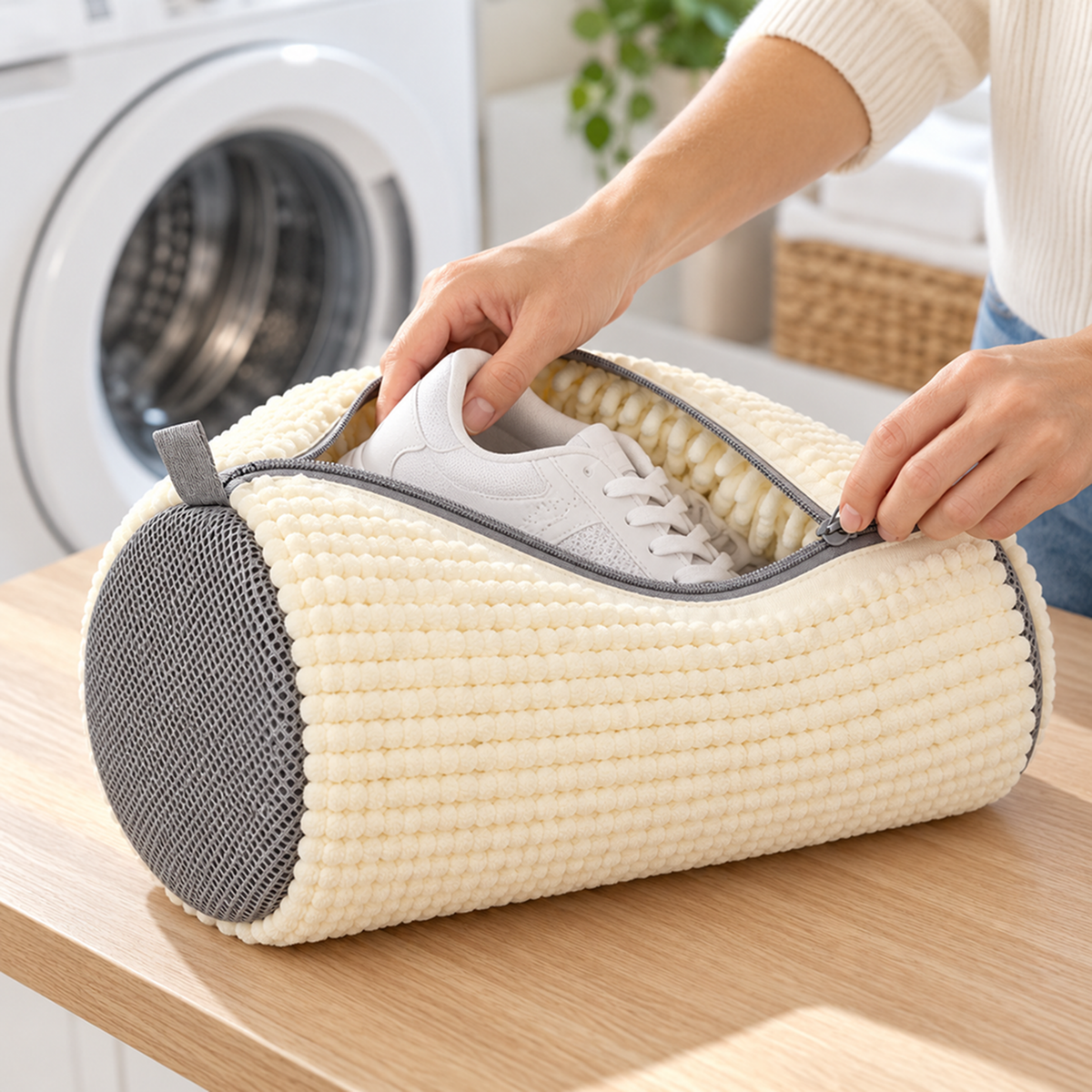 Hands zipping a white trainer into the cream bag by a washing machine