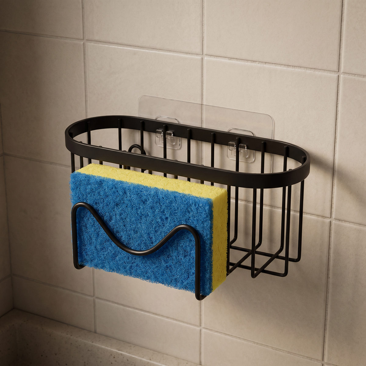 Sponge held upright in the black holder on a tiled wall
