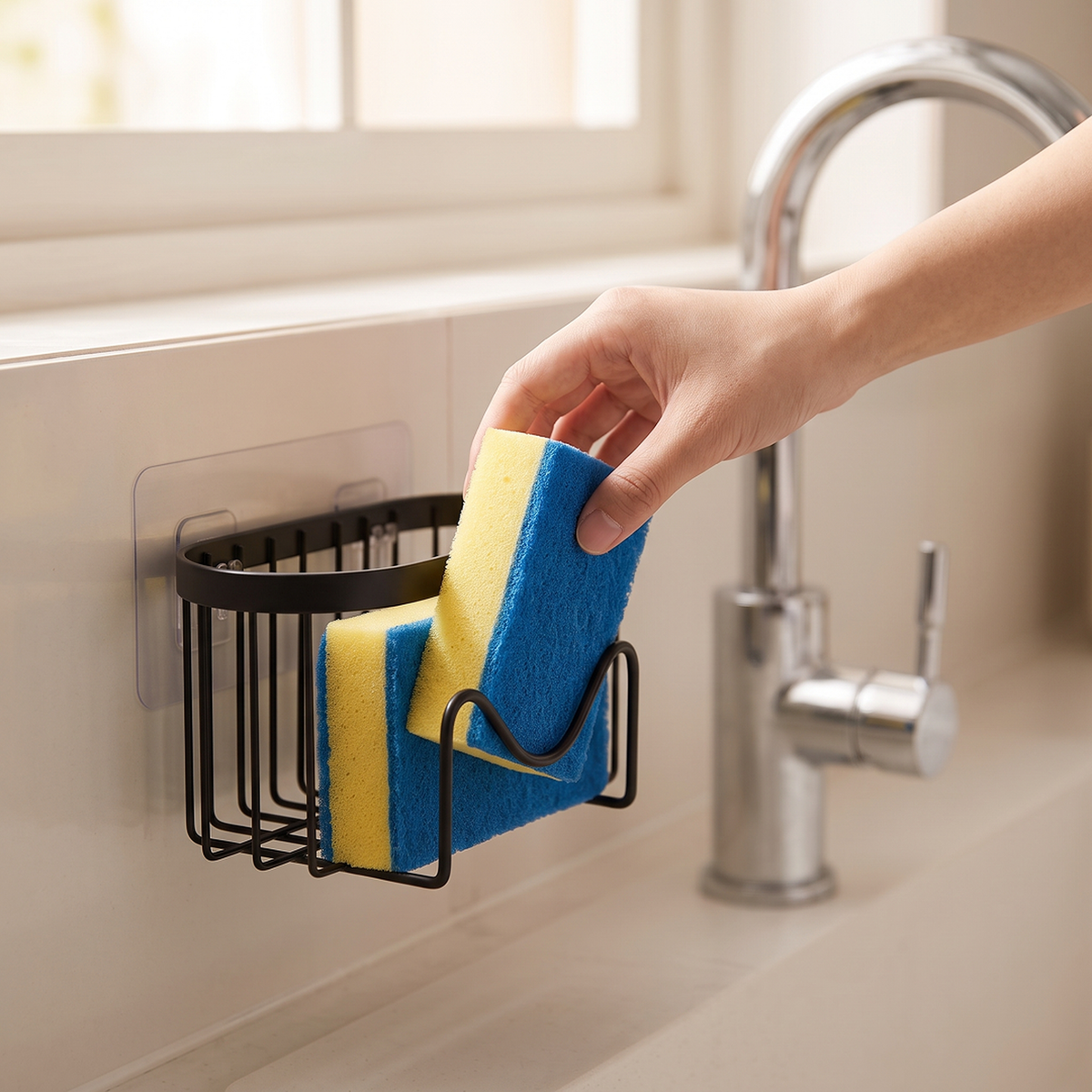 Hand placing a sponge into the wall-mounted holder by the tap