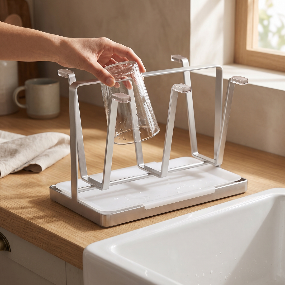Hand hanging a glass upside down on one of the rack's arms