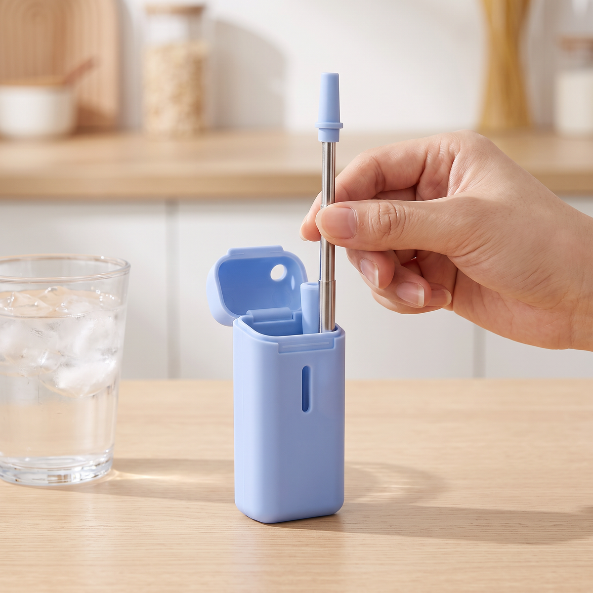 A hand drawing the straw from its open case beside a glass of iced water