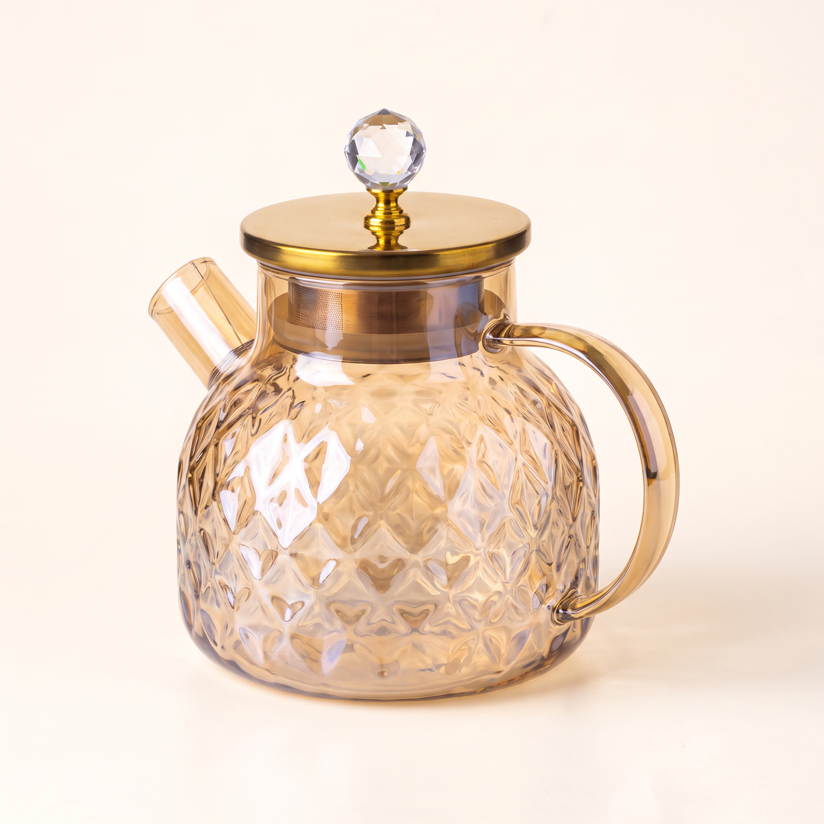 The 1 litre amber pitcher from the side, showing its angled spout and glass handle