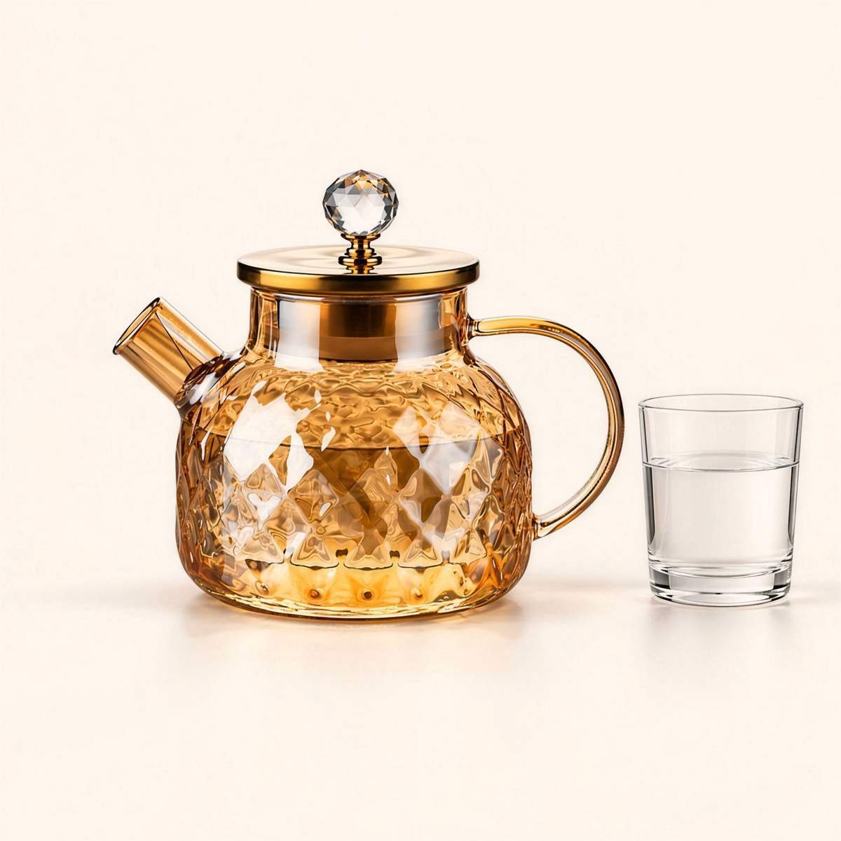 Amber glass pitcher beside a plain drinking glass for size