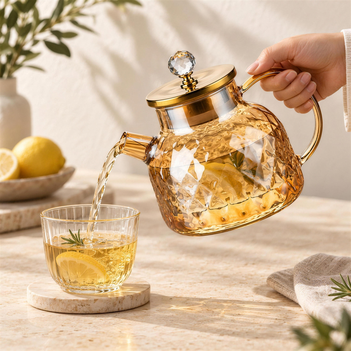 A hand pouring lemon water from the amber pitcher into a glass