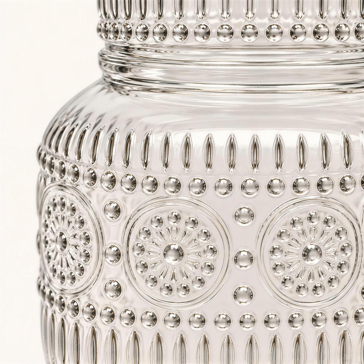 Close-up of the embossed pattern of rounded medallions, raised dots and ribbing